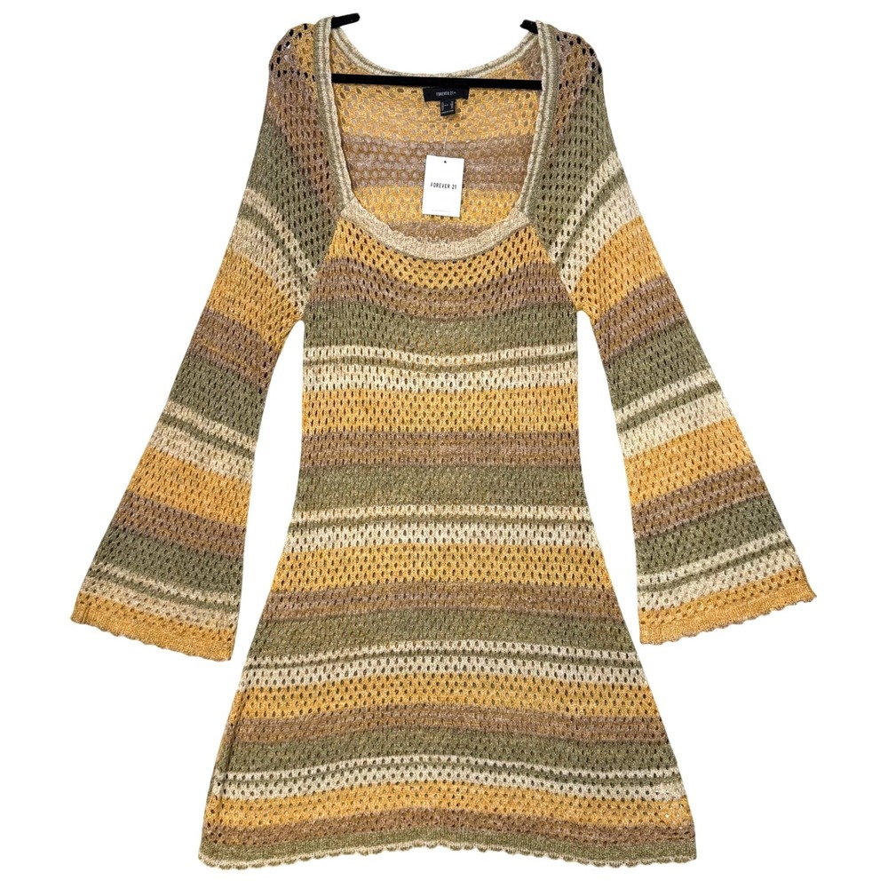 NWT Forever 21 2X Crochet Mini Dress Olive Multi Boho Festival Bell Sleeve Retro
